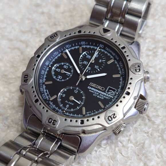 Seiko 7T32-6E40 JDM Chronograph Quartz Men's Watch Gray Dial Stainless Working - Picture 8 of 10